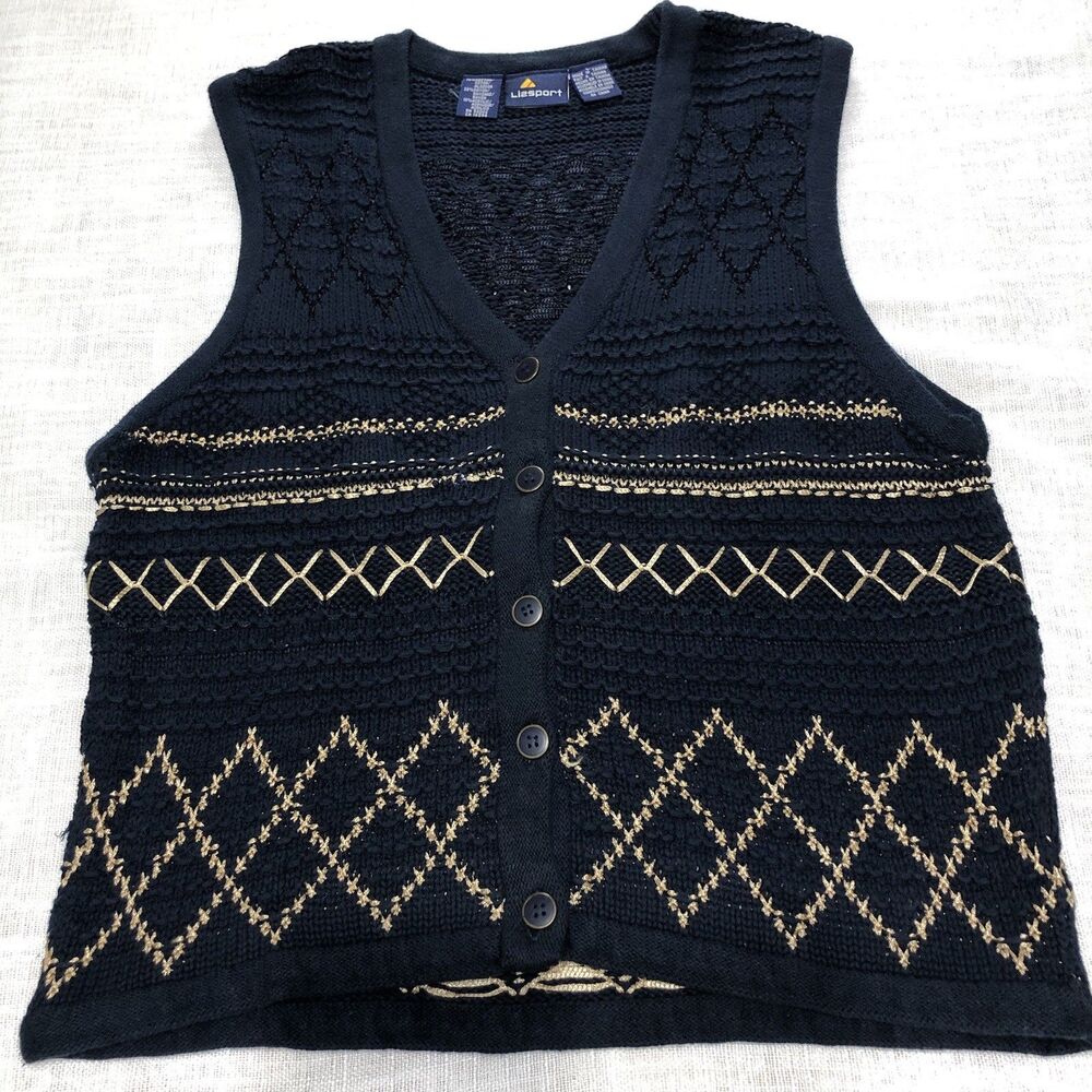 Lizsport Sweater Vest Large Blue Gold Embroidered Diamond Button 90s VTG